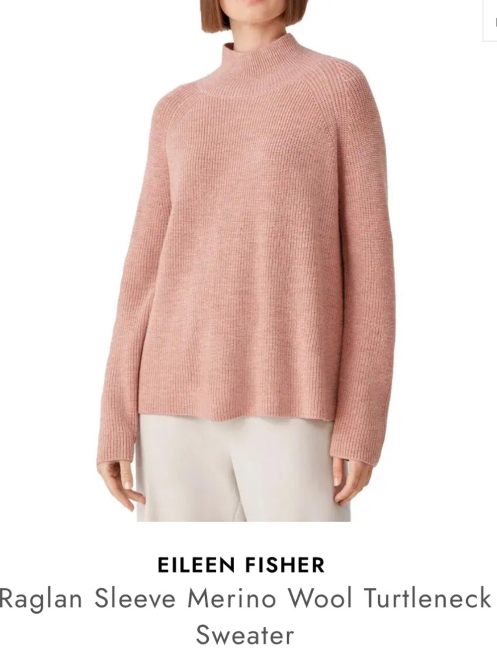 Wool mock neck Eileen fisher raglan extra fine merino pink size PS